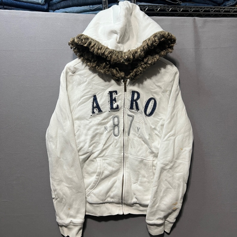 Aeropostale Womens XL White Faux Fur Hood Full Zip Hoodie AERO 87 Rhinestone Y2K